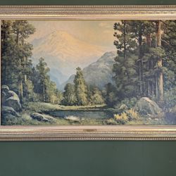 Mt. Rainer Robert Wood Huge Oil Painting Print In Gold Frame