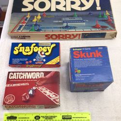 Vintage Board Dice Card Games Sorry!, Skunk, Snafooey, Catchword 1972-82 Complete w/ Instructions