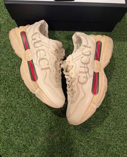 Gucci Rhyton Ivory Leather Logo Sneakers w/ Web Stripe – Size 7.5 (Includes Box)