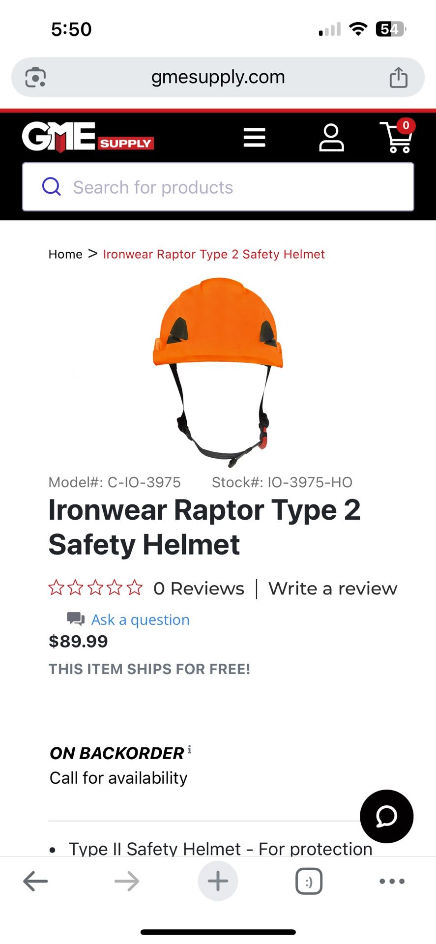 Ironwear Raptor Type 2 Safety Helmet, High Visibility Orange