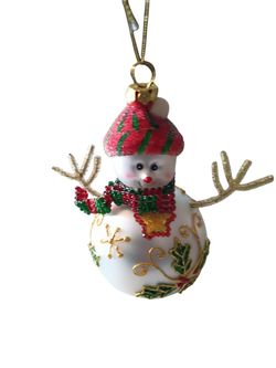 Glass Beaded Embossed Hand-Painted Snowman Christmas Ornament 