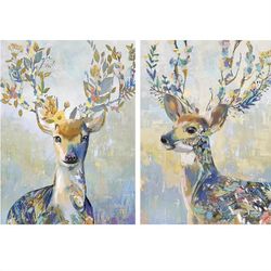 Set Of 2 Ikea PJÄTTERYD Colorful Floral Deer Print On Canvas Wall Art Decor By Mark Chandon