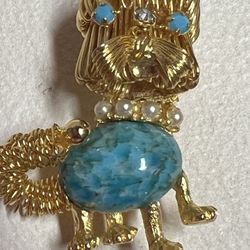 Unique Vintage Jewelry Goldtone Wirework Turquoise Colored Cabochon   Poodle Dog Brooch