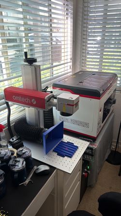 OMTECH 20W MOPA Fiber Laser + Rotary + Fume Extractor