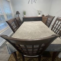 Wooden Dining Table Set with Six Chairs and Extendable Part