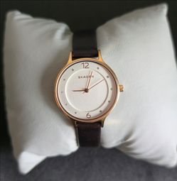 Skagen SKW2472 Rose Gold White Dial Brown Leather Strap Women's Watch