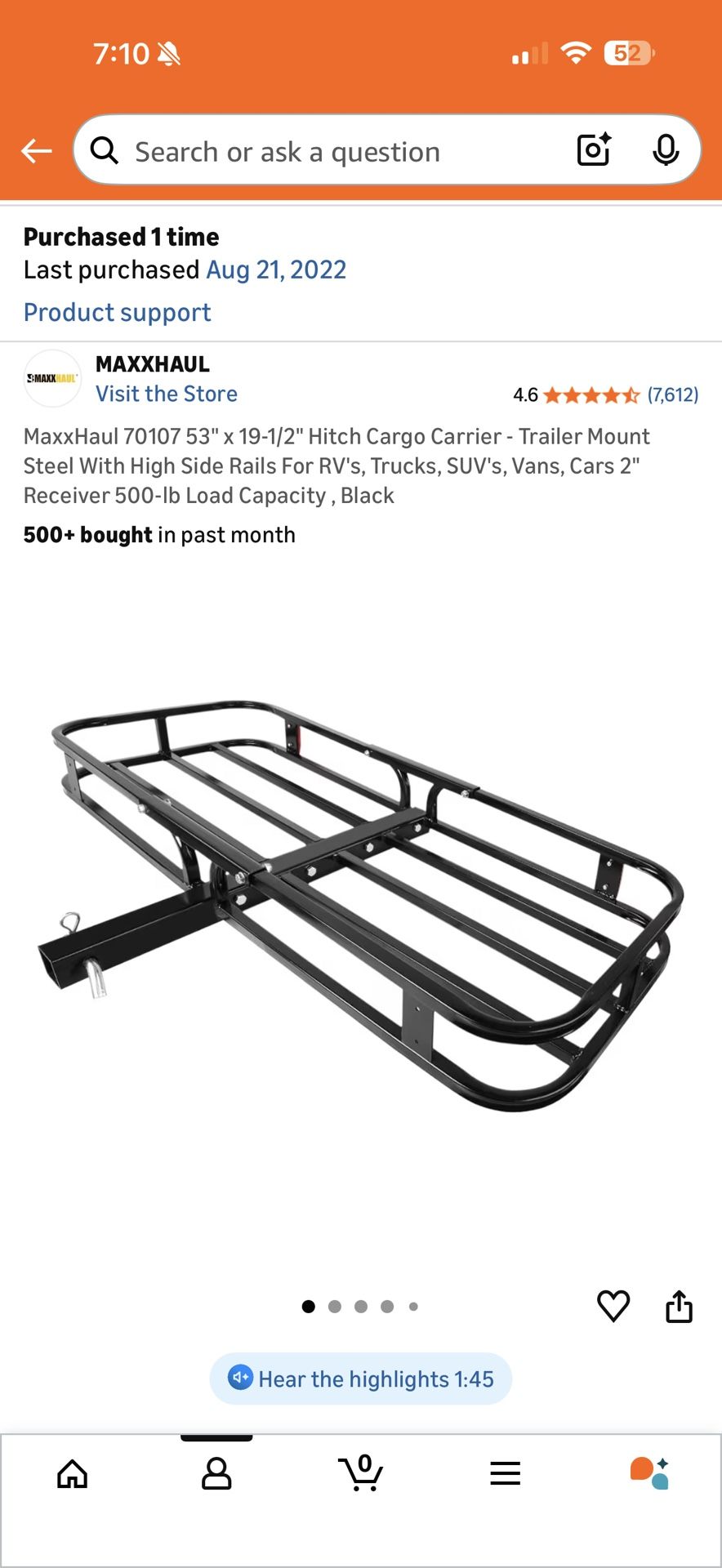 MaxxHaul 53" x 19-1/2" Hitch Cargo Carrier – Never Used, Missing Locking Piece