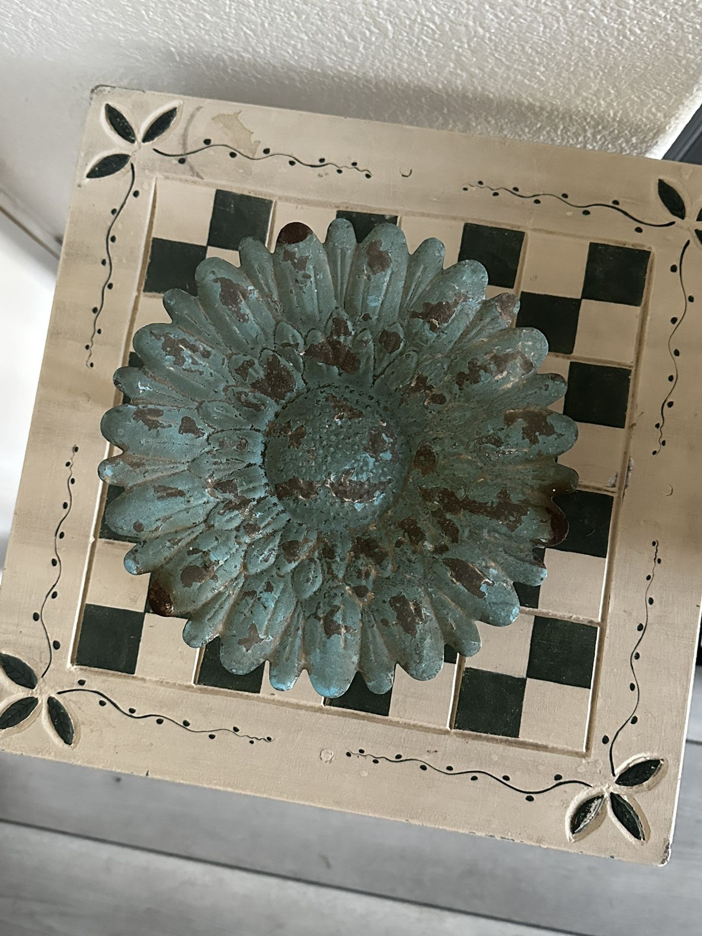 Farmhouse Soft Green & Gold Galvanized Metal Candle Holder 8” inch wide 4” inch tall