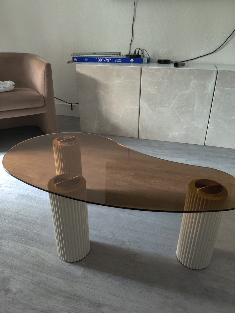 Modern White Coffee Table with Tempered Glass & 3 Legs