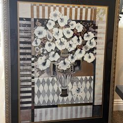 Very Large Flower Decorative Matted Print - Black, Gold & White 