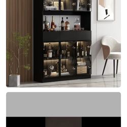 KULAGAGA Bookcases Organizer with LED Lights, Heavy Duty Display Cabinet with Glass Door, 3 Drawers and Open Shelf for Living Room, 47.2" Wide, 020374