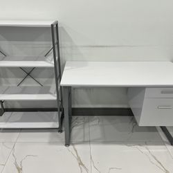 WHITE DESK AND SHELVES 