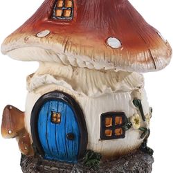 Enchanted Mushroom Fairy House Garden Decoration, Indoor Outdoor Miniature Cottage with Blue Door, Rustic White and Brown (1, 4.7inch)