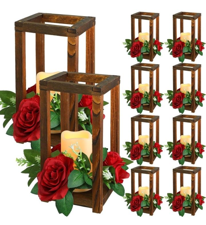 30 Pcs Integrated Wedding Lantern Centerpiece Rustic Wooden Holder with Candles and Rings