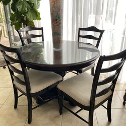 Westbury Dining Table 47" Round Wooden Pedestal Base, Glass Top, Leaf, 5 chairs