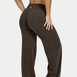OQQ Yoga Pants Women High Waist Stretch Casual Soft Straight Leg Bottoms Brown size S (extra Long length