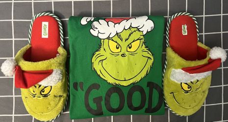 Men’s X-mas Dr. Seuss The Crinch Pull-on Sleepwear (M) & Slide Slippers: 7-8 With Santa Hat Detail 