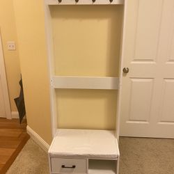 White Coat Rack | Wooden Narrow Hall Tree with Wide Bench, Hooks, Drawer