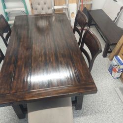 Dark Walnut Wooded Table Set W/extension 6 Chairs And 1 Bench