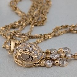 14K Solid Yellow Gold Necklace and Pendant W/CZ Stones.19"
