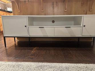69" White TV Stand / Media Console - Cabinets, Drawers, Black Legs