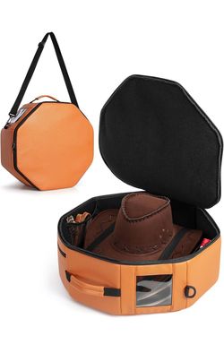 Marscamd Vegan Leather Hat Box Fits 4 Cowboy or Wide-Brim Hats, Padded Storage Case with Shoulder Strap & Trolley Sleeve for Travel or Home Storage, B