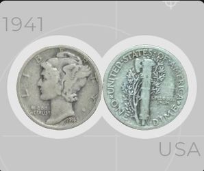 Rare - Silver - 1941 Mercury Dime also known as the Winged Liberty Head Dime, NO MINT MARK ERROR - G - 4