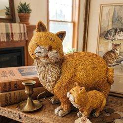 ​Vintage Whimsical Cat & Kitten Piggy Bank - Textured Figurine - Orange Tabby Decor