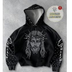 Manfinity Roughcore Manfinity Streetrush Men's Rhinestone Embellished Hoodie Sweatshirt, Jesus Graphic Hoodie, Fall, Long Sleeve Top