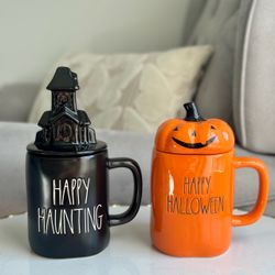 Rae Dunn Halloween Mug Set of Two Happy Haunting Haunted House Jack O Lantern Fall Decor
