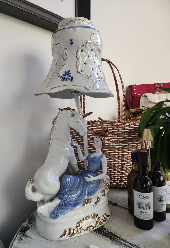 Unique Beautiful Vintage Porcelain Lamp with a horse and girl design home. # Porcelainlamp