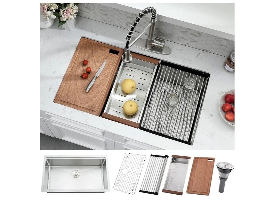 8056: New 30 Inch Undermount Kitchen Sink - 30x16 Stainless Steel Workstation Kitchen Sink 10 Inch Deep Single Bowl Undermount Sinks with Accessories