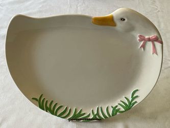 Vintage Treasure Craft white ceramic duck-shaped serving platter with pink bow. 15” X 11.5”