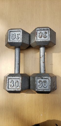 Hex Dumbells In Pairs Of 30lbs, 25lbs, 20lbs, and 15lbs.