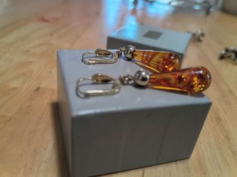 Amber Drop Dangle Earrings Silver Tone