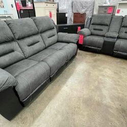 Earhart Slate & Chestnut Reclining Living Room Set Sofa And Loveseat 