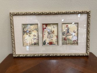 Triple Pane Alice in Wonderland Illustration Art in Ornate Gold-Tone Frame