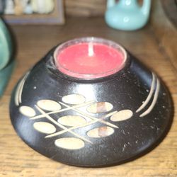 Signed Hand Carved Mango Wood Candle Holder & Candle 