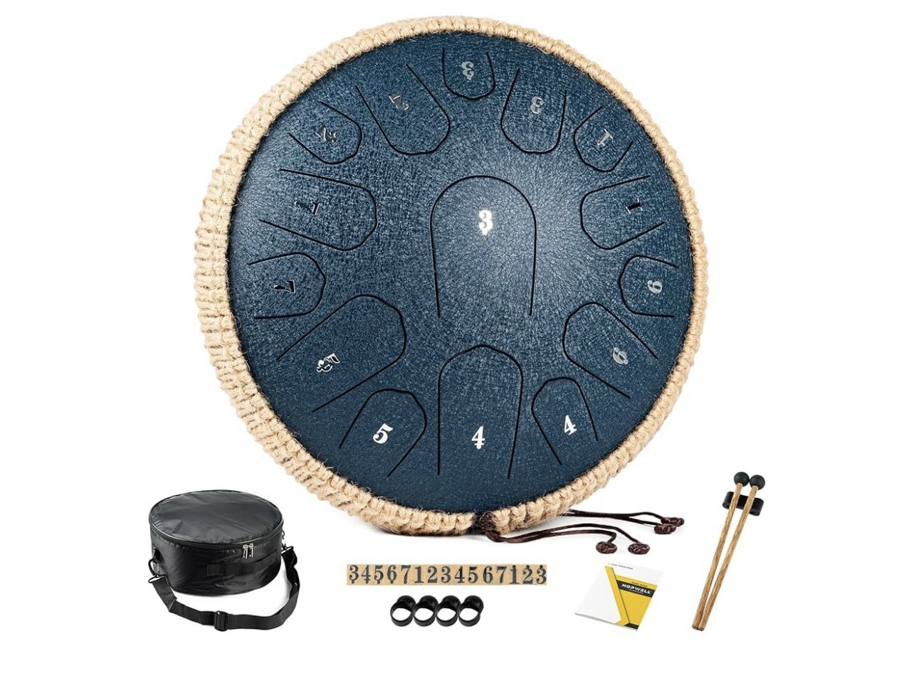 Steel Tongue Drum - 13 Inches 15 Notes Tongue Drum - Hand Pan Drum with Music Book, Handpan Drums Mallets and Carry Bag, D Major (Navy Blue)