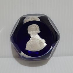 Baccarat GP 1955 Sulphide Cobalt Blue Paperweight of Marquis de Lafayette.
