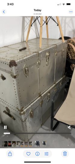 Vintage Steamer Industrial Aluminum Aviation Metal Flight Trunk Riveted Japanese / Style Chest w/Leather Handles - Heavy - Good For Coffee Table Base