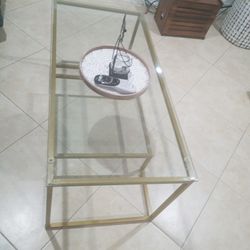 Rectangular Coffee Table With Tempered Glass Tabletop and Gold Metal Legs. It Is 38.97x18.89x18.1 Inches