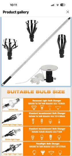 9’ Light Bulb Changer for High Ceilings, Aluminum Extension Pole with Suction Cup & 3 Cage Attachments, Light Bulb Removal Tools for Recessed Lights a