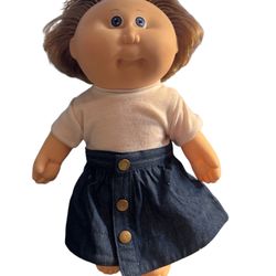 Cabbage patch 1987 Coleco OAA Cabbage Patch Kid Molded Vinyl Doll With Dress Outfit. Good denim skirt Condition For Its Age. Please look carefully at 