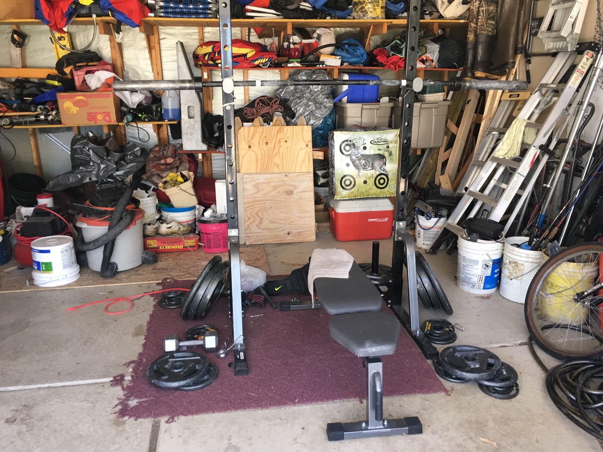 Full rack, adjustable bench, Olympic bar w/weights