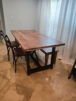 Solid Wood Dining Room Table with Iron Base