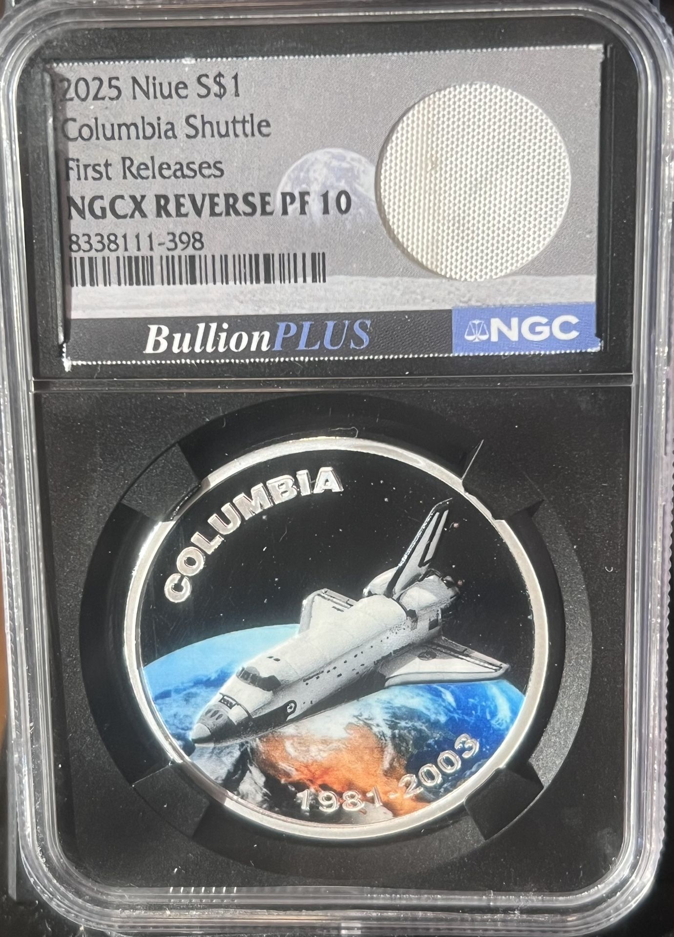 2025 Niue Columbia Shuttle Reverse Proof Coin • First Releases Label with Genuine Space Flown Orbital Insulation • Bullion Plus • NGCX PF10