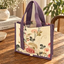 Handmade Japanese Kimono Fabric Tote Bag Floral Ivory Purple 9x11x4