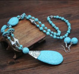 Turquoise WaterDrop Necklace With Earrings 