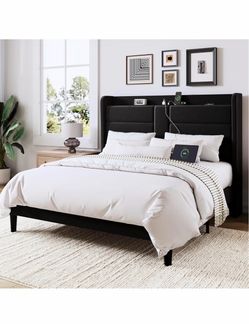 Queen Black Platform Bed Frame + mattress + dresser